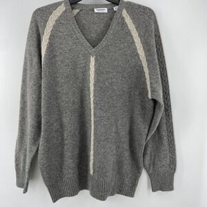 Damon Sweater Mens 1X Gray 100% Lambswool‎ V-Neck Cable Knit Fisherman Jumper